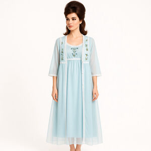 Vintage 60s Pale Blue Nightgown & Robe Peignoir Set Lace Embroidered Canada, S